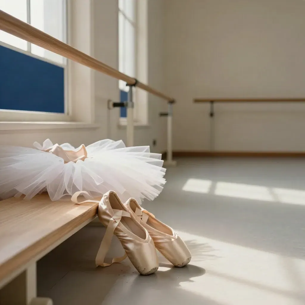 Estudio de ballet vacío con puntas, tutú y barra de madera, bañado por luz rasante y polvo en suspensión.