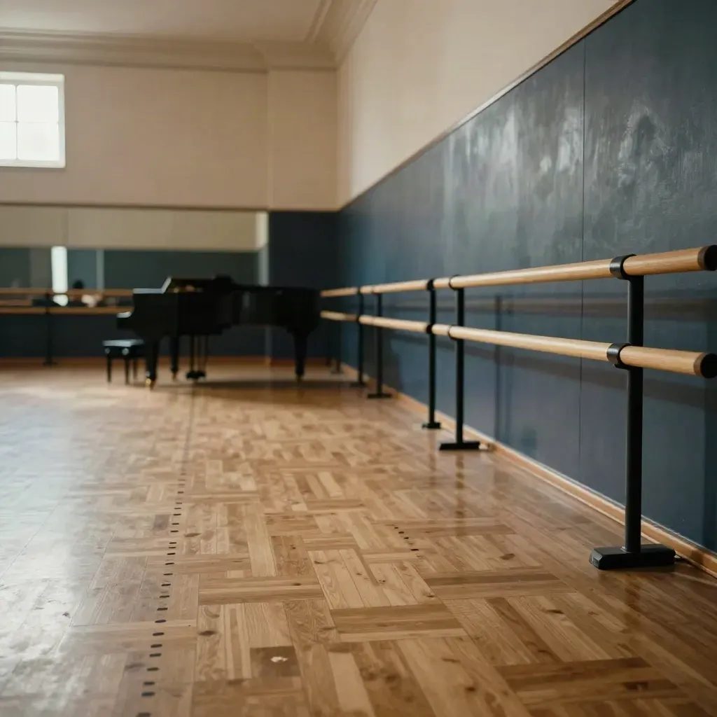 Estudio de ballet con dos barras, piano cerrado y suelo de madera marcado