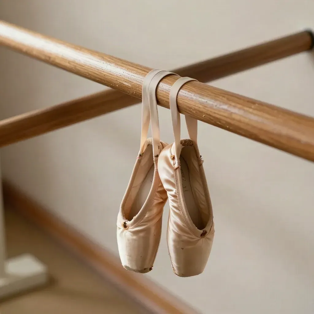 Barra de ballet de madera con zapatillas gastadas y corcho, en luz cálida.