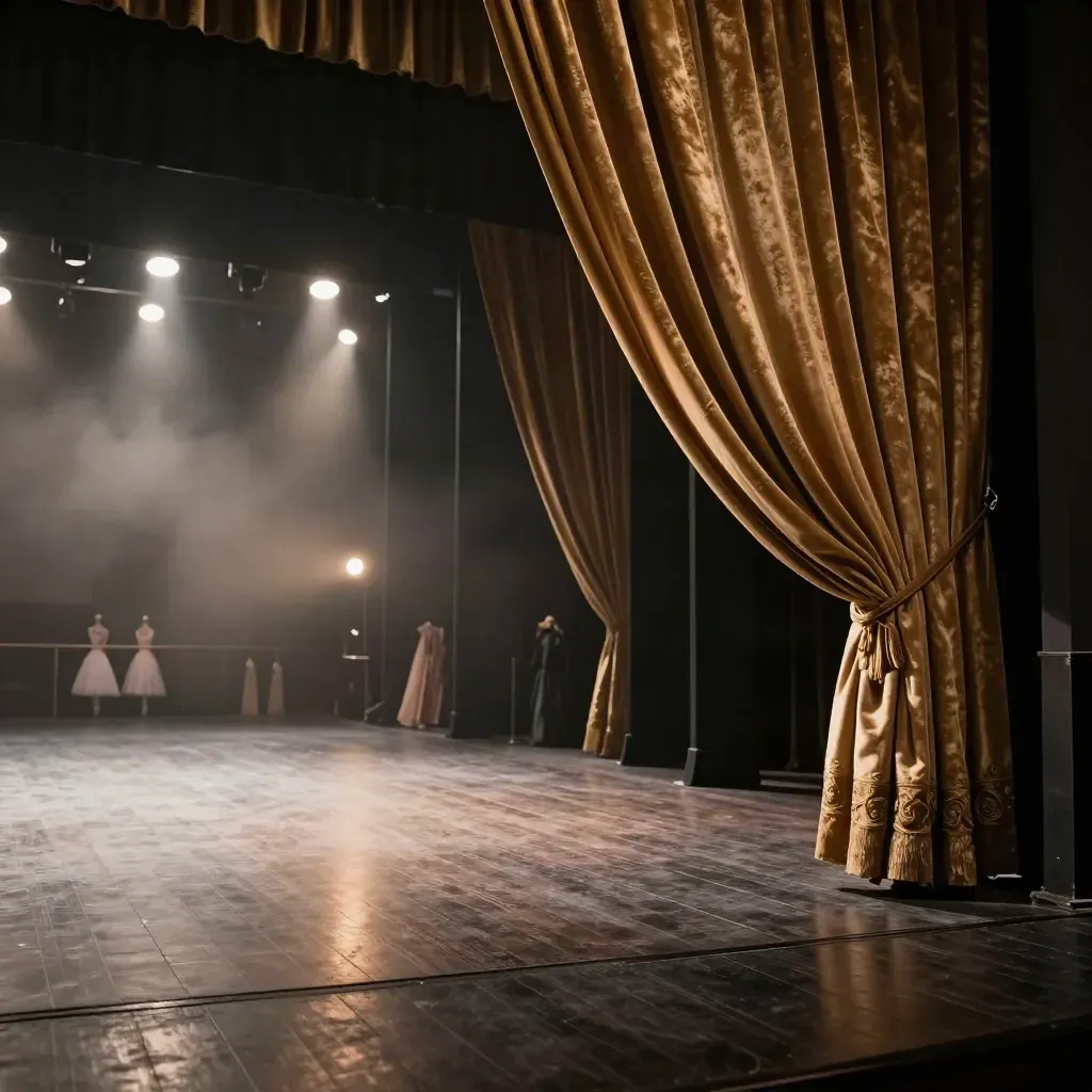 Escenario vacío de gala con cortina abierta, focos cálidos y vestuario difuminado al fondo.