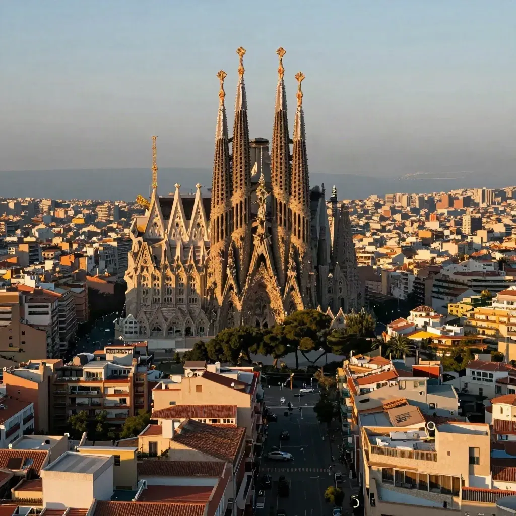 Barcelona al atardecer con la Sagrada Família sobre tejados cálidos y bruma dorada.