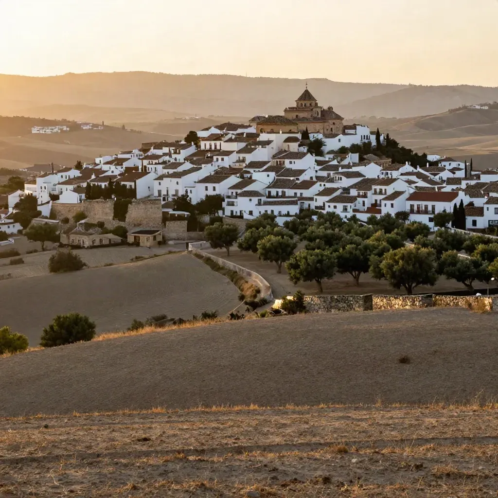 Ladera andaluza con pueblos blancos, tejados de terracota y Sierra difusa bajo luz cálida.